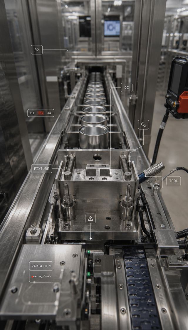 The same scene indexed — fixture, tool, QC and variation callouts